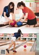 A woman in a red shirt and black skirt playing bowling.