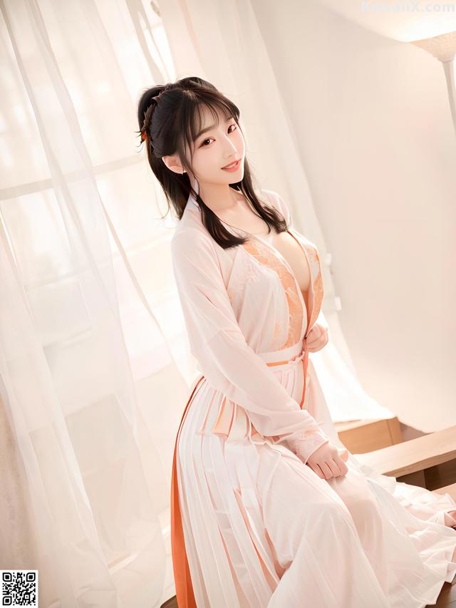 A woman in a white and orange robe sitting on a wooden bench.