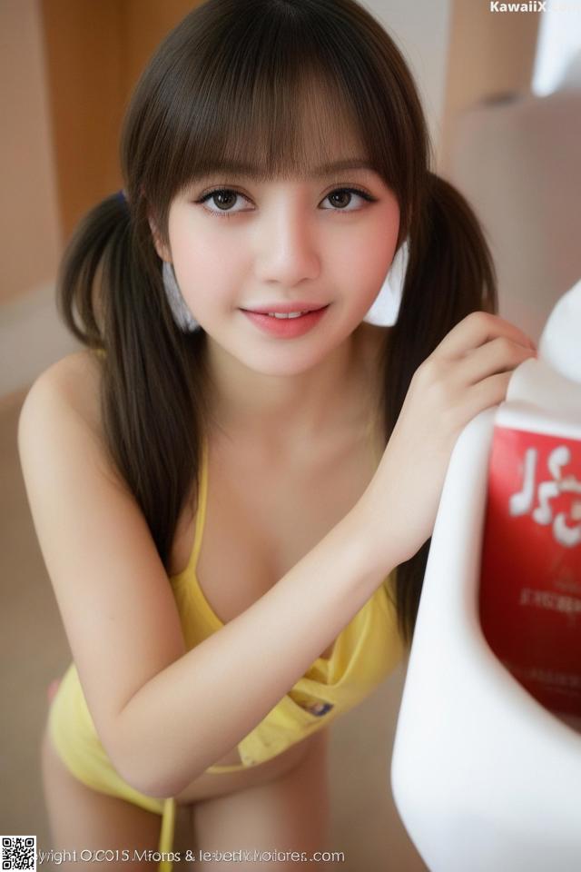A woman in a yellow bikini holding a bottle of milk.