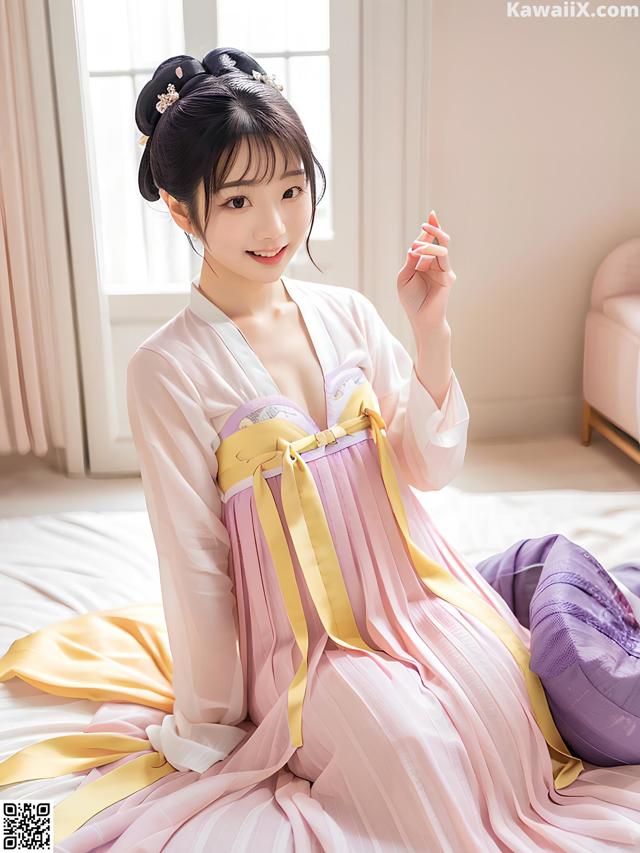 A woman in a pink and yellow dress sitting on a bed.