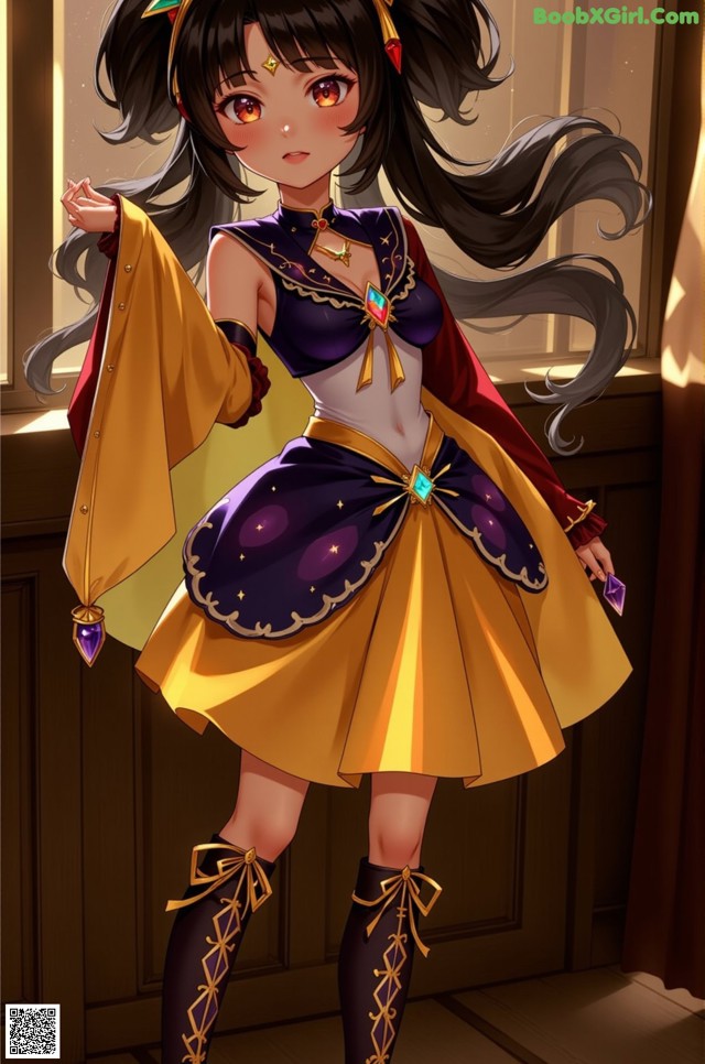 A girl in a yellow and purple dress standing in front of a window.