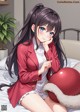 A girl in a red jacket sitting on a bed with a red ball.