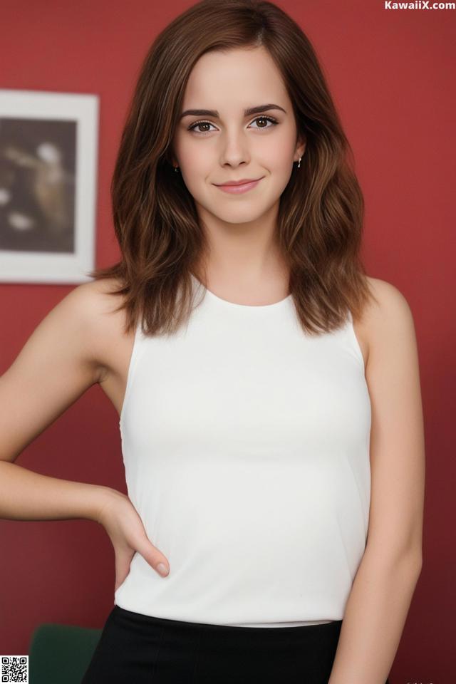 A woman in a white top and black skirt posing for a picture.