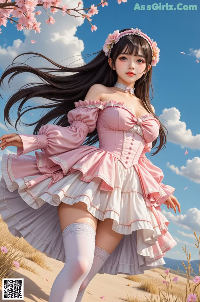 A woman in a pink dress is standing in the sand.
