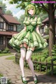 A woman in a green dress and stockings standing in front of a house.