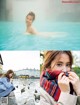 A collage of photos of a woman in the water with ducks.