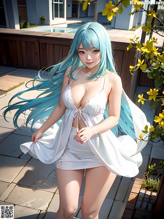 A woman with long blue hair wearing a white dress.