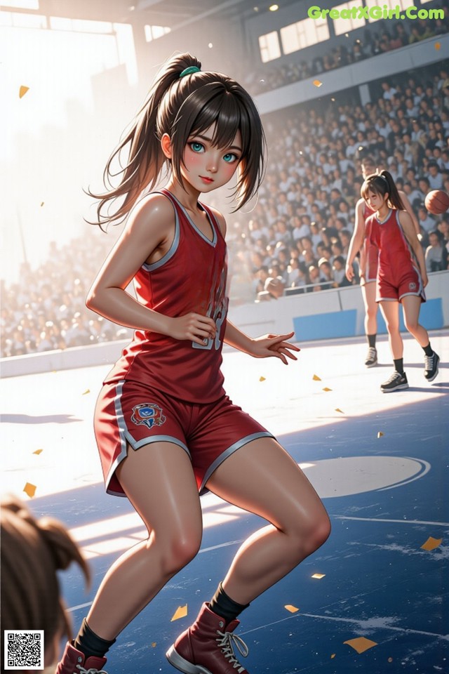 A woman in a red uniform is playing basketball.