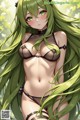 Anime girl with long green hair wearing a black bikini.